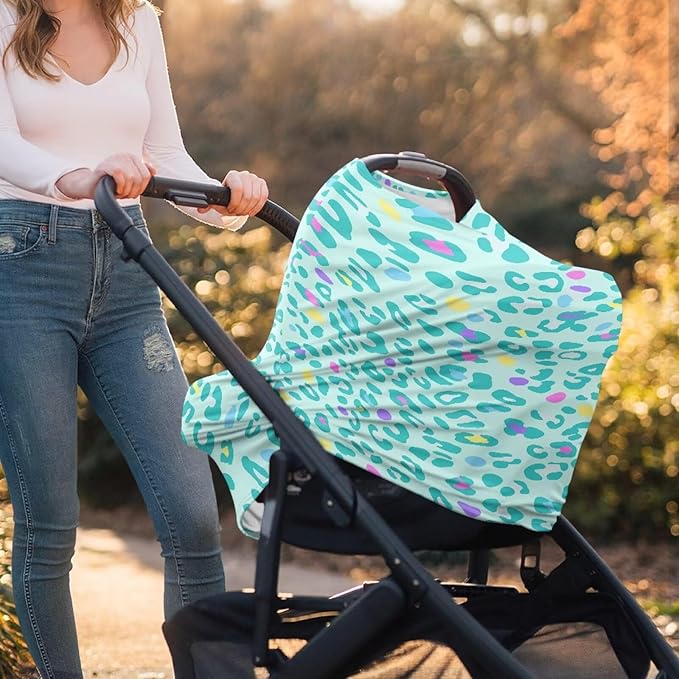 Infant Car Seat Canopy/Baby Nursing Cover/Stretchy Breathable Breastfeeding Scarf,Fit for Shopping Cart,Car Seat,High Chair,Stroller, Green Leopard Print