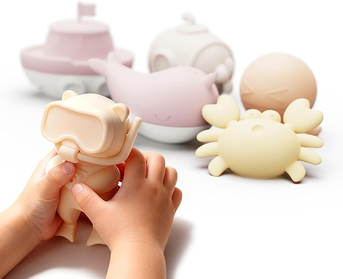 MarcZero Ocean Silicone Bath Toys 8Pcs for Toddlers Kids Babies,Bathtub Water Toys,Soft Squeezable Easy-Grip Pool Toys Set (Pink)