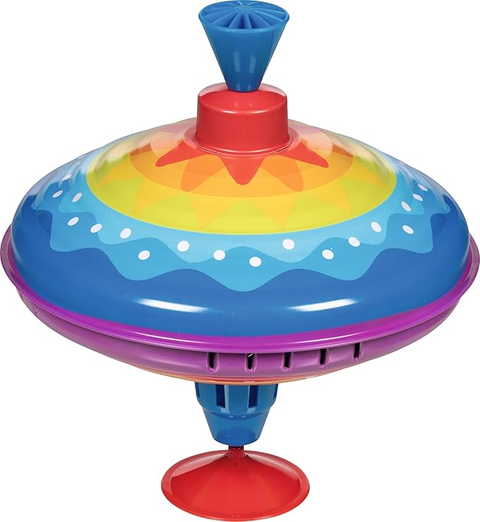 goki 53778 – Coloured top made of veneer, colourful spinning top that brings joy and fun to the children's room, classic top with stand, 21 cm high, from 1 year old