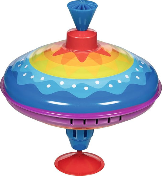 goki 53778 – Coloured top made of veneer, colourful spinning top that brings joy and fun to the children's room, classic top with stand, 21 cm high, from 1 year old