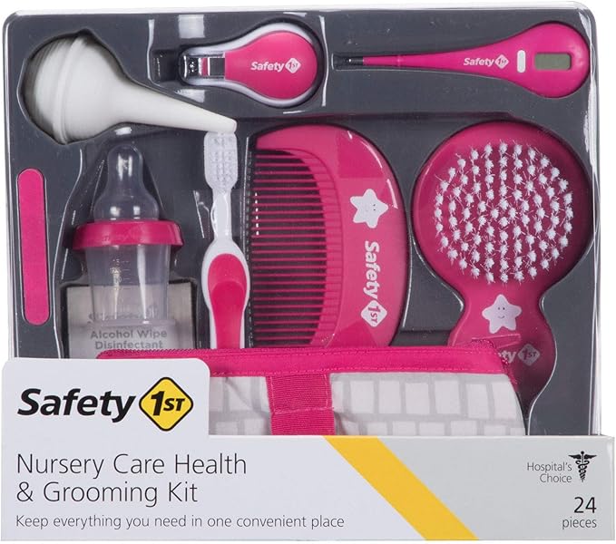 SafetyFirst All-in-1 Nursery Baby Care Health & Grooming KIT: Thermometer, Nasal Aspirator, Bottle Medicine Dispenser, Nail Clippers, Toothbrush, Brush, Wipes