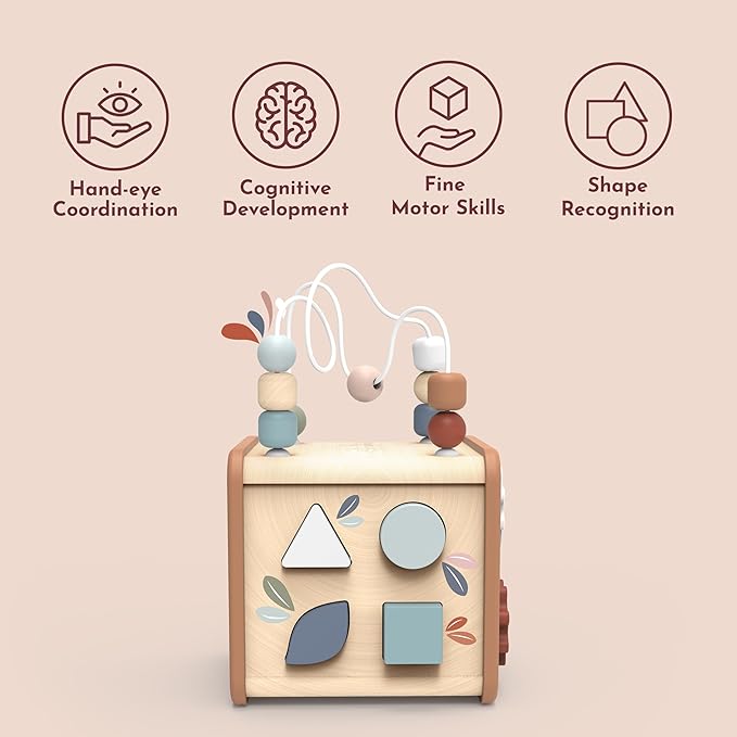 Speedy Monkey 5-in-1 Activity Cube, Educational Wooden Toy with Bead Maze, Shape Sorter, Gears, Puzzle & More, Develops Social, Communication & Numeracy Skills, Non-Toxic Paint, Ideal for Kids