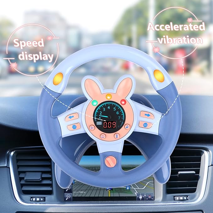 deAO Kids Steering Wheel for Backseat with Key Baby Toys Pretend Driving Simulated Steering Wheel Toy with Light and Music Gifts for Kids Toddlers Blue