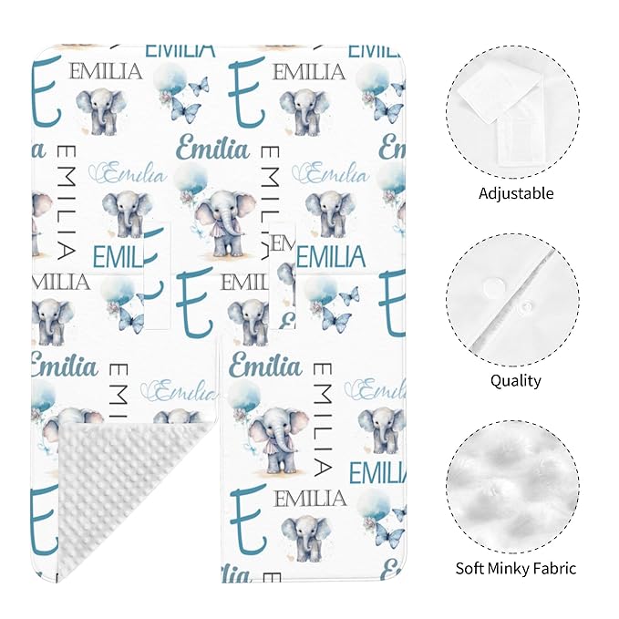 Personalized Baby Car Seat Canopy Minky Elephant Baby Blanket Custom Name Baby Car Seat Cover Girls Boys Infant Newborn Carseat Canopy Nursing Cover for Stroller Car Seat Canopies