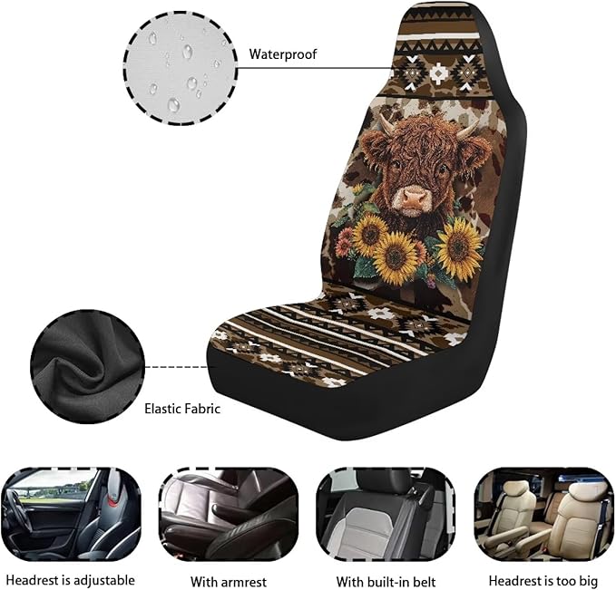 Aztec Highland Cow Car Front Seat Covers Waterproof Universal Front Seat Cover Removable Automotive Accessories Easy Installation Suitable for Cars, SUV and Trucks
