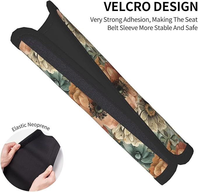 2PCS Car Seat Belt Cover Boho Flower Cute Safety Seatbelt Shoulder Strap Covers Floral Breathable Soft Harness Pad Protect Rustic Vintage Seat Belt Cushion