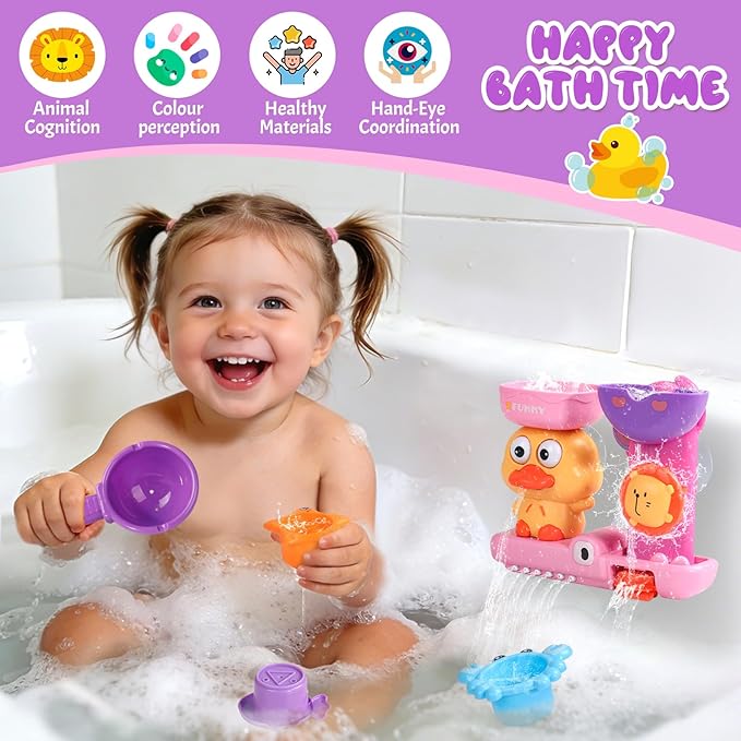 Baby Bath Toys for Kids Ages 1-3 Interactive Toddler Bath Toys Duck Learning Mold Free Shower Tub Toys for 1+ Year Old Girl Gifts with 3 Stacking Cups & 1 Water Spoon(Pink)