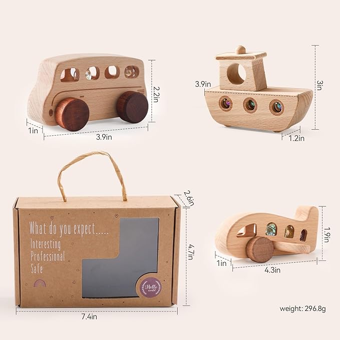 Wooden Cars for Toddlers 1-3, Wooden Vehicles Baby Cars Set with Bus, Airplane and Boat, Montessori Rattle Toys with Rolling Beads, Ideal for Boys and Girls