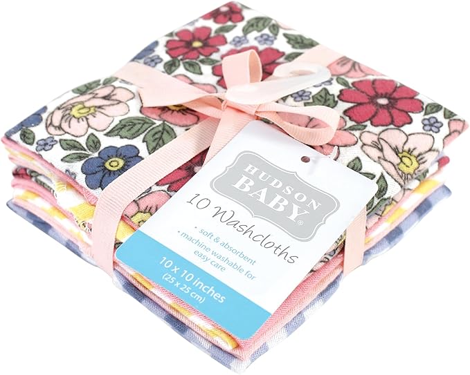 Hudson Baby Unisex Baby Flannel Cotton Washcloths, Pink Blue Pretty Floral 10 Pack, One Size