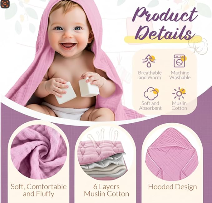 VitalCozy 8 Pcs Baby Muslin Hooded Bath Towels and Washcloths, Muslin Hooded Baby Towels Absorbent Blankets for Gift Newborn Infant Shower (Pink,Purple)