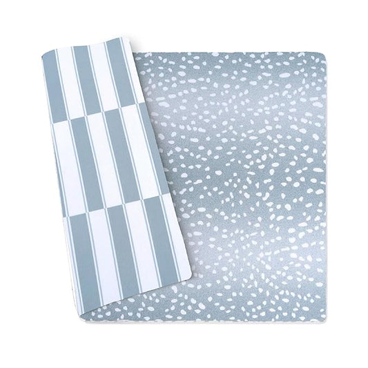 Wander & Roam Premium Reversible Play Mat - Soft Foam Child & Parent - Neutral Antelope + Stripe Design - Water Resistant, Easy to Clean, Non-Toxic - Slate Blue, 3+ Years