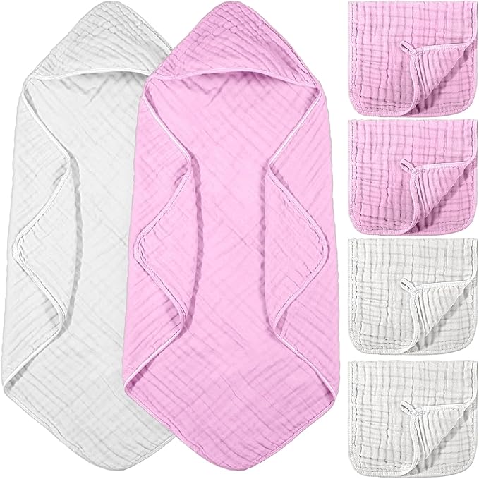 VitalCozy 6 Pcs Baby Muslin Hooded Bath Towels and Washcloths, Muslin Hooded Baby Towels Absorbent Blankets for Gift Newborn Infant Shower (White,Pink)