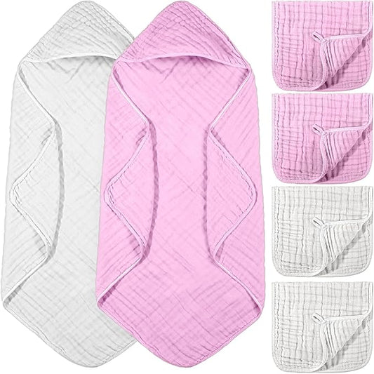 VitalCozy 6 Pcs Baby Muslin Hooded Bath Towels and Washcloths, Muslin Hooded Baby Towels Absorbent Blankets for Gift Newborn Infant Shower (White,Pink)