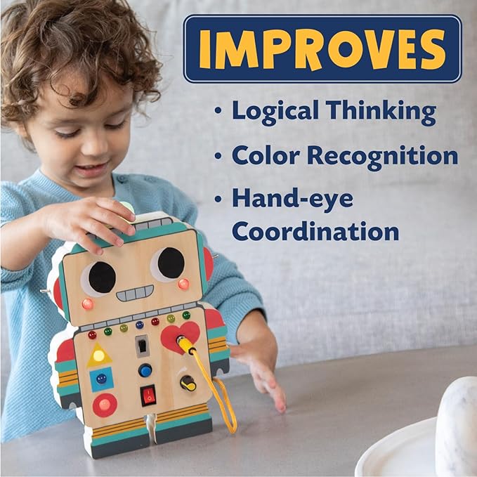 Peaceable Kingdom Blinkity Bot Light Up Busy Board for Toddlers Montessori Wooden Toy
