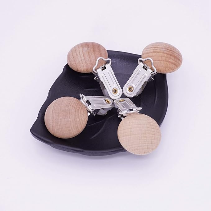 10Pcs 30mm (1.18") Natural Wood Pacifier Holder Round Beech Metal Wooden Pacifier Clip Suspender Clips DIY Pacifier Chain Accessories