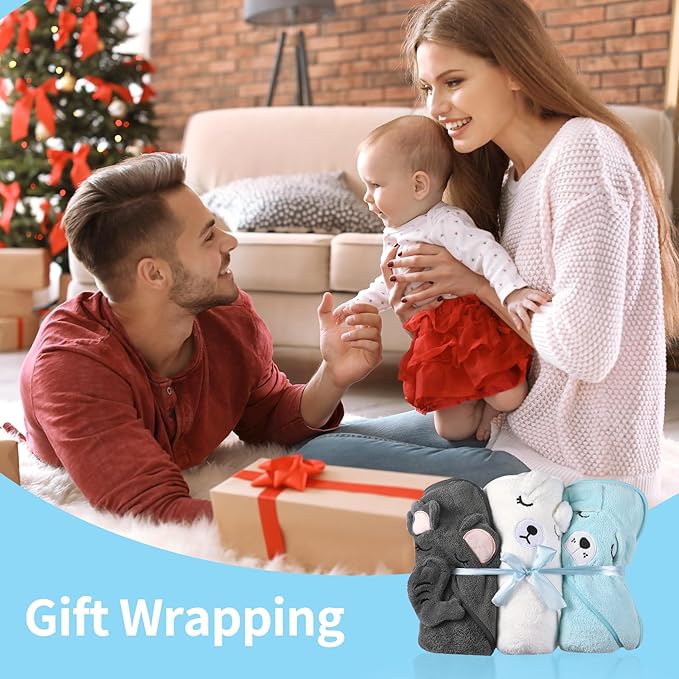VZZNN 3 Pack Baby Towels Hooded - Ultra Soft Baby Bath Towels, Newborn Baby Essentials, Premium Absorbentand Hypoallergenic Towels for Toddler Baby Boy and Girl (White, Blue, Gray)