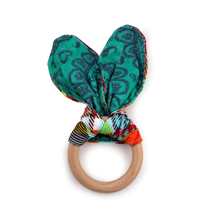 Kanga Care Baby Soft Muslin Sensory Crinkle Bunny Ear Wood Teething Ring - Quinn Plaid