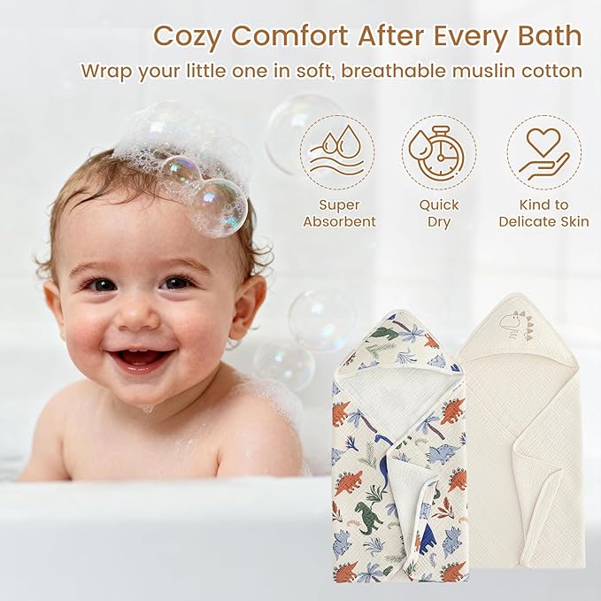 david's kids 2 Pack Hooded Baby Towels, Large 32"x32", 6 Layer 100% Muslin Cotton Highly Absorbent Boy Bath Towel for Newborn, Infant and Toddler, Soft and Breathable Baby Essentials, Dinosaur Story