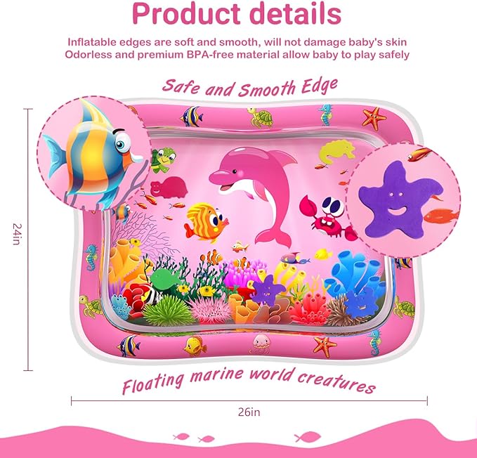 ZMLM Baby Tummy Time Water Mat for Babies: Baby Toys Gifts for Newborn Infant 3 6 9 12 Month Boy Girl Inflatable Activity Playmat Sensory Mat Toddler Belly Time Pat (Pink)