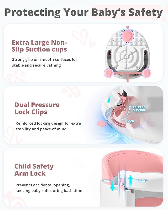 ONTHEWEI Baby Bath Seats for Babies Sitting Up, Non-Slip Baby Bathtub with 3 Suction Cups, Safe & Comfortable Toddler Bath Seat Ideal for Baby Bath/Shower Support, Stable Design, Grey (6-24 Months)