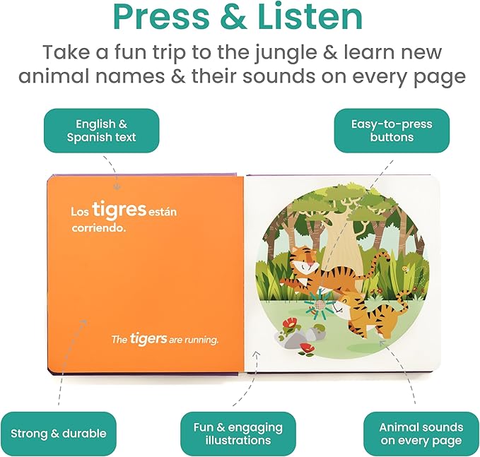 Binibi Bilingual Spanish Sound Board Book for Babies & Toddlers 1–3 – Jungle Animal Sound Buttons, Interactive Early Spanish Learning Board Book – Durable Gift