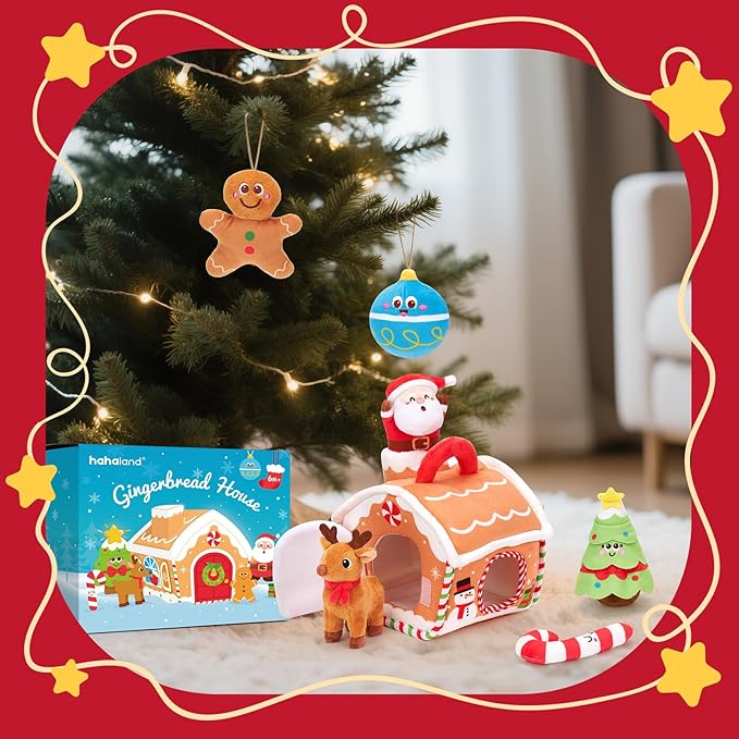 hahaland Baby Toy for 6–12 Months – Musical & Sensory Plush Toy Set with Gingerbread House, Santa, Reindeer & Rattles, Soft Infant Activity Toys, Baby Easter Basket Stuffers