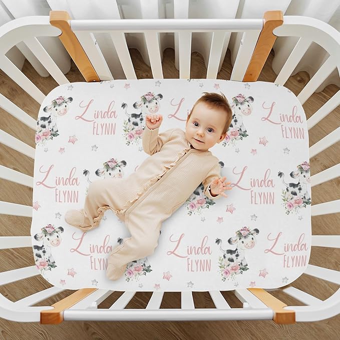 Personalized Pack & Play Sheets with Floral Cow Pattern for Baby Girls, Soft and Breathable Material - Includes Fitted Sheet and Name