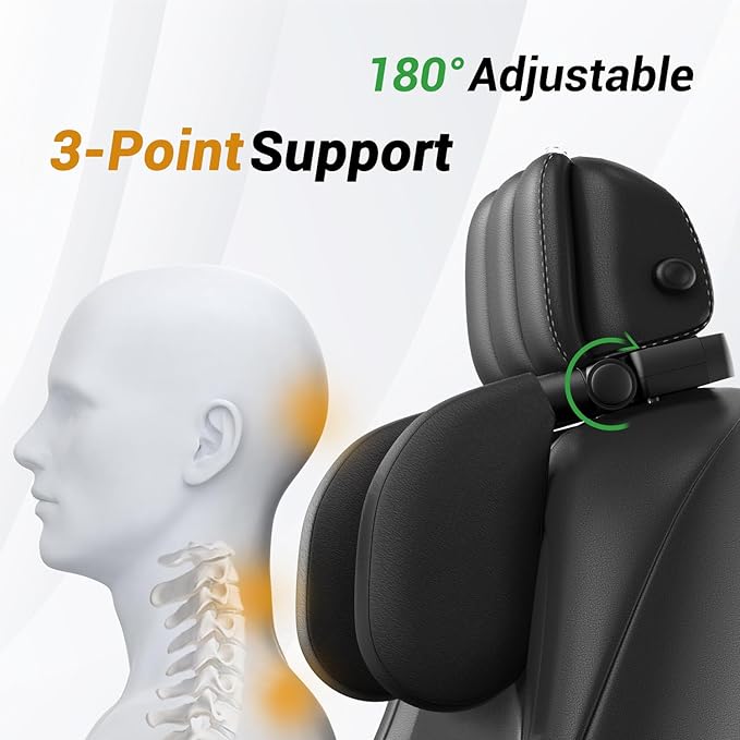 Car Headrest Pillow, [Supersleep] Road Pal Headrest with PU/Sponge Pad, 360° Adjustable Car Seat Head Neck Support, U Shaped Car Sleeping Pillow for Kids & Adults (Black-US Patent Design)