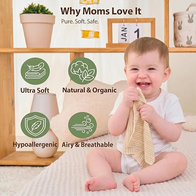 Organic Cotton Baby Washcloths - 10 Pack | Ultra-Soft Newborn Face Bath Towel - Reusable Baby Wipes for Delicate Skin Thin & Lightweight (Multicolor)