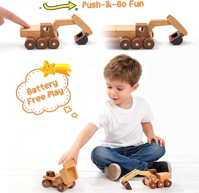 Wooden Toy Cars for 3 Year Old Boys & Girls - Construction Vehicles Set Push Toys for Toddlers, Wood Montessori Car with Rolling Wheels, Natural Wood Toys (Excavator & Dump Truck)