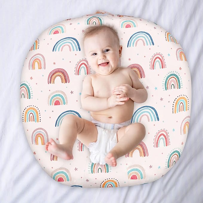 Newborn Lounger Cover for Girls Boys, Removable Soft Baby Lounger Cover, Reversible Infant Lounger Cover Minky, Pink Cute Rainbow (Only Cover)