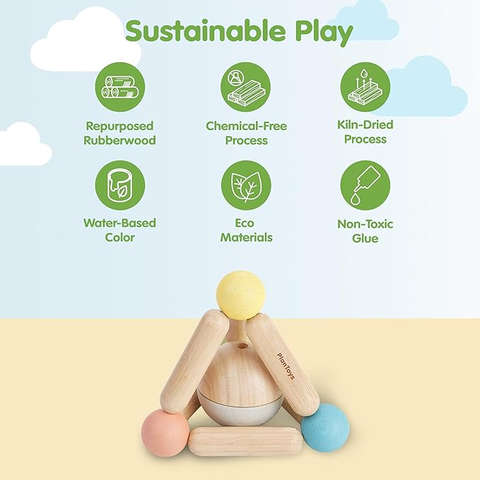 PlanToys® Triangle Clutching Toy Wooden Sensory Grasping Tool in Pastel Colours | Montessori Fine Motor & Coordination Activity for Tactile Exploration | Eco-Friendly Educational Toy