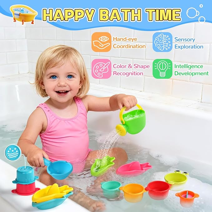 Zeewoo Baby Bath Toys for Kids Ages 1-3 Toddler Bath Toys Mold Free Bathtub Toys for 12+ Months Pool Water Table Beach Sand Toys Stacking Cups Floating Boats for 1+ Years Old Girls Boys Gifts 13 PCS