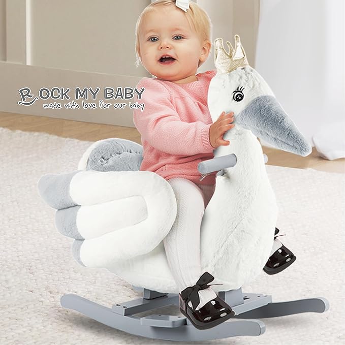 Rock My Baby Rocking Horse, Rocking Horse for Toddlers 1-3, Plush Rocking Horse with Seat, Wooden Gray Stork Ride-On Toy, (Gray Stork Bird), CPC Certified