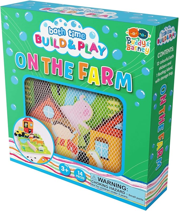 Buddy & Barney: Bath Time: Build & Play - On The Farm - Floating 3D Foam Stickers, Interactive Animal Scene, Suction Cup Mesh Bag, Water Toy, Kids 3+