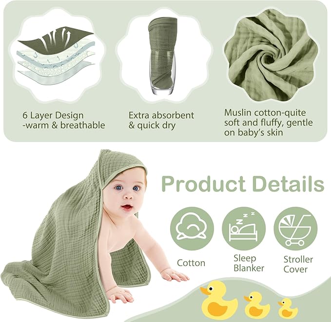 Peryiter 4 Pcs Muslin Hooded Baby Towels, 32"x 32" Cotton Newborn Bath Towel Muslin Infant Baby Blankets Absorbent Unisex Newborn Registry Gift Essentials for Girls Boys (Green,Gray,Beige)