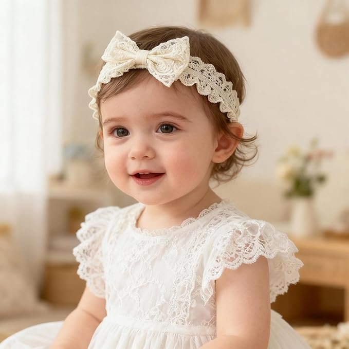 Handmade Baby Girl Headbands in Beige Baby Bows and Floral Lace Headband Bows for Newborns and Toddlers Cute Baby Girl Bows and Newborn Headband Bows