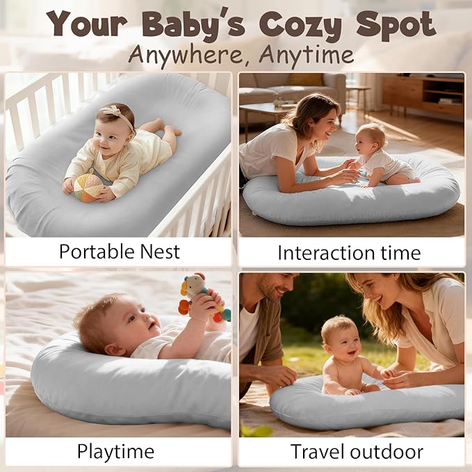 Extra Large Newborn Lounger & Baby Nest – Essential Baby Registry Gift – XL Portable Infant Floor Cushion for Tummy Time Support – Machine Washable Cotton Cover (CPC Certified)