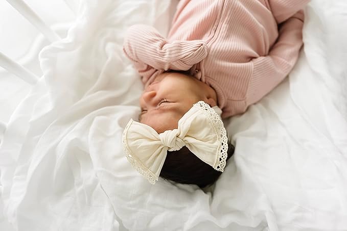 Baby Bling Bows - Newborn to Little Baby Girl Bows, 2 Pack Nylon Super Soft Stretchy Knot Toddler Headbands, Perfect Hair Accessories Head Bands for Infant Kids(White & Oat)