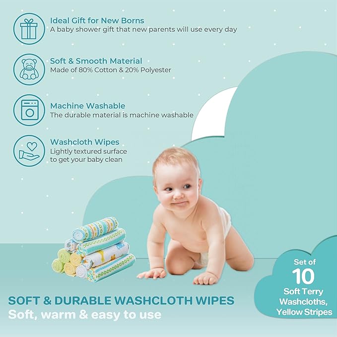 Spasilk Baby Washcloth Wipes Set for Newborn Boys and Girls, Soft Terry Washcloth Set, Pack of 20, Yellow Lines