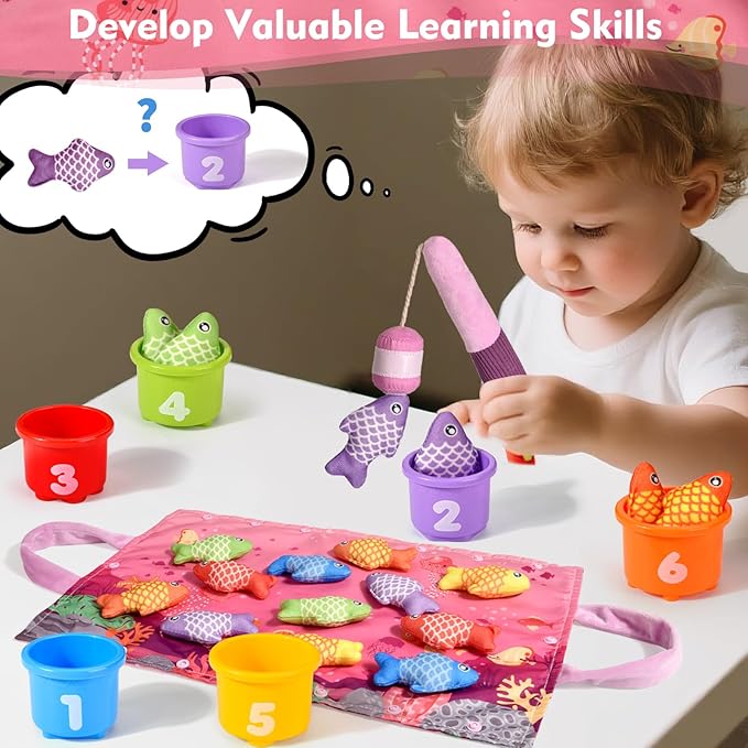 Montessori Toys for 1 Year Old - 20PCS Cloth Toddler Pink Fishing Game with Stacking Cups,Baby Color Sorting Toy 12-18 Months One Year Old Birthday Gift,Best Easter Gifts for 1-3 Year Olds