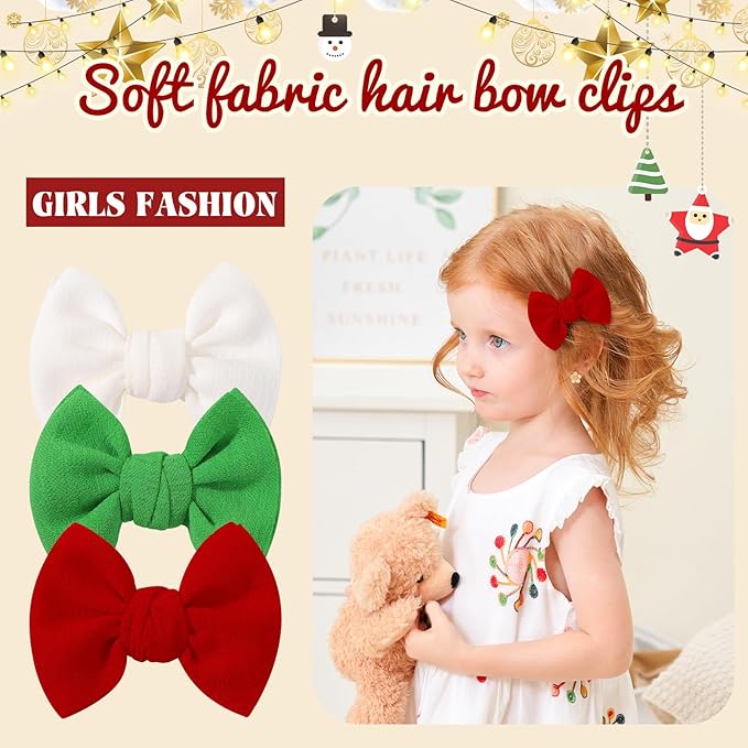 Choicbaby 6 PCS Baby Girls Christmas Hair Clips 3" Fabric Baby Hair Bows with Alligator Clips Christmas Girls Hair Bow Barrettes Accessories for Toddlers Kids Infant Teens