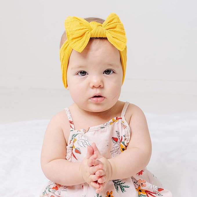 Baby Bling Bows - Newborn to Little Baby Girl Bows, 2 Pack Nylon Super Soft Stretchy Knot Toddler Headbands, Perfect Hair Accessories Head Bands for Infant Kids(Yellow & White)