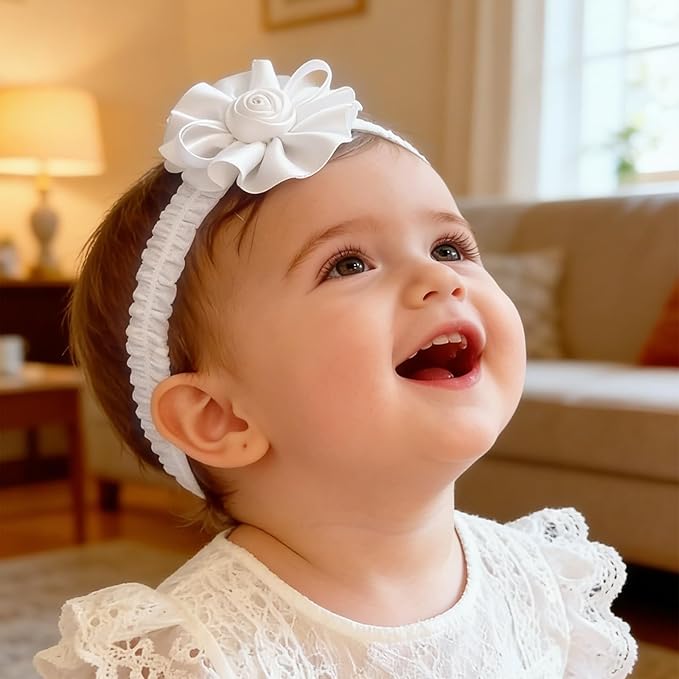 Baby Girls Headband White Bow Lace Headbands Soft Elastic Bowknot Hairbands Cute Hair Accessory for Newborn Kids Infant Toddler Baptism Birthday Party (Bow A)