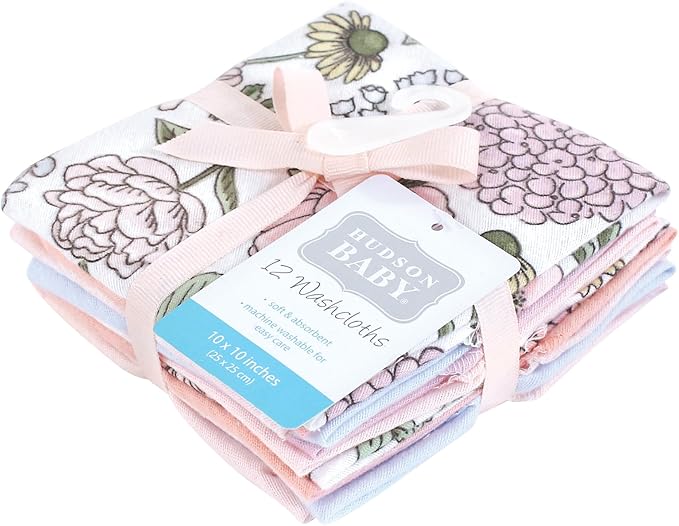 Hudson Baby Unisex Baby Flannel Cotton Washcloths, Vintage Blossom 12 Pack, One Size