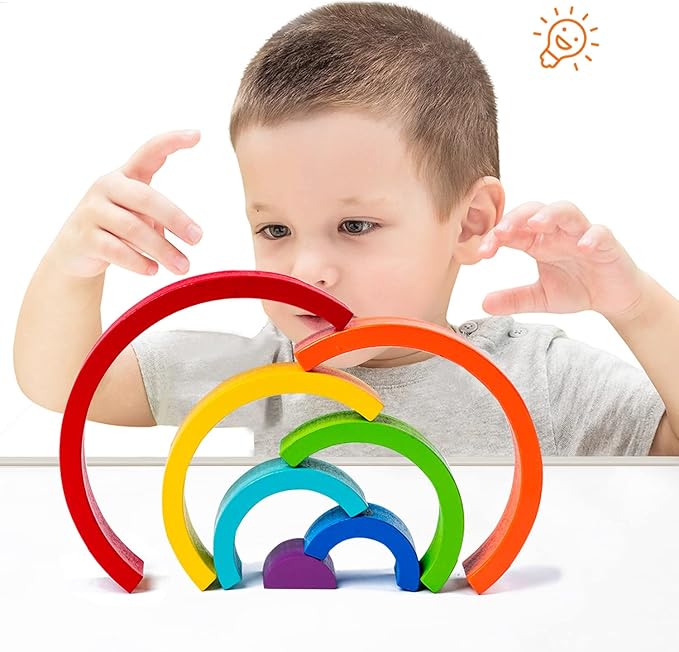 TUOWITA Wooden Rainbow Stacking Toy, Wood Stacker Arch Game, Montessori Arch Bridge Rainbow Building Blocks, Colorful Stacking Blocks Puzzles for Kids 2 3 4 5 Years Old, Rainbow Decor Toys