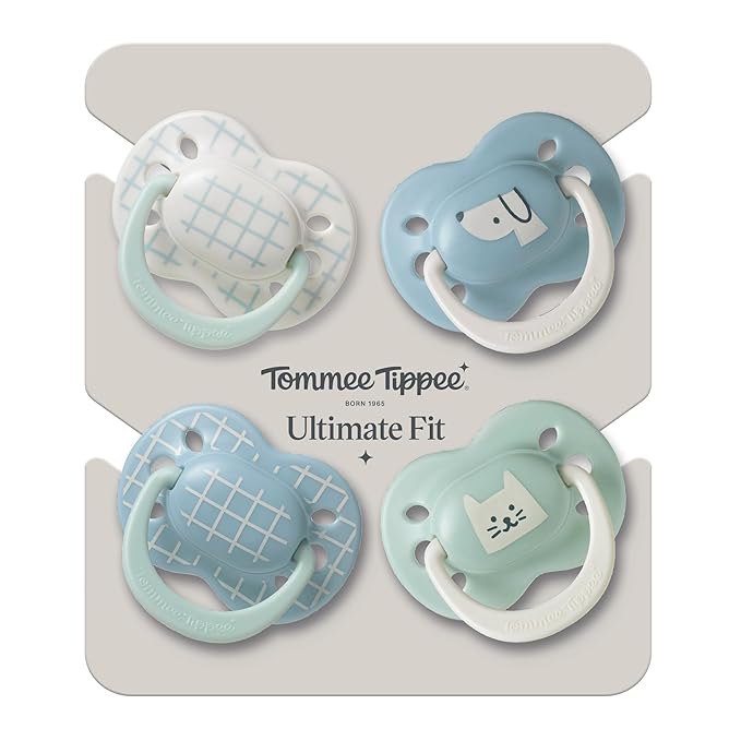 Tommee Tippee Ultimate Fit Newborn Pacifiers, 0-6 Months, Extra Air Holes, Symmetrical Nipple and Shield, 100% BPA Free Silicone, Dishwasher & Sterilizer Safe, Blue and Green, Pack of 4