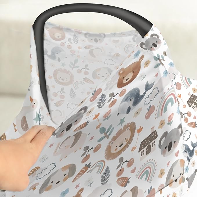 Boho Cute Watercolor Animals Baby Car Seat Covers Bear Lion Koala Bunny Whale Rainbow Floral Stretchy 5-in-1 Cover Adjustable Infant Carseat Canopy Cover Neutral Animal Breathable Nursing Cover-Up