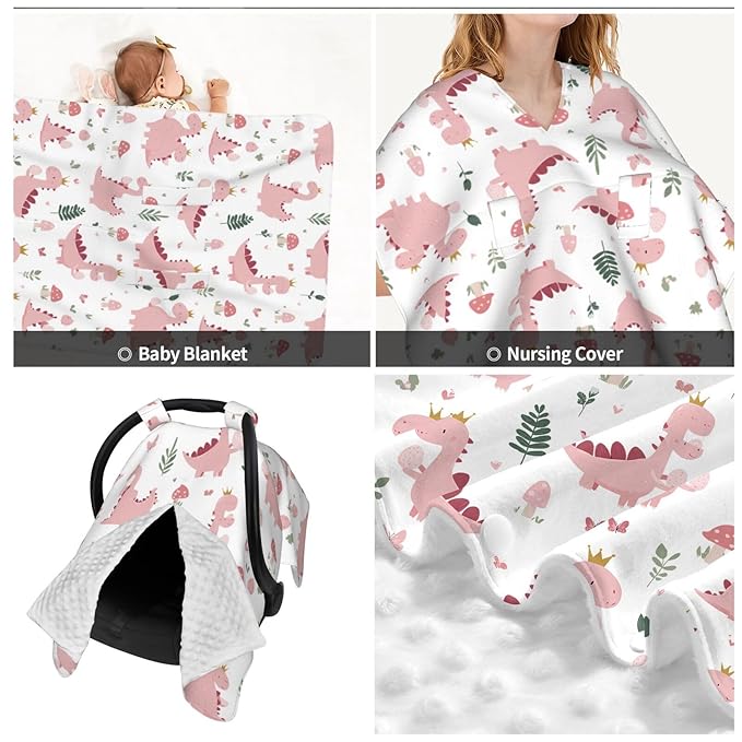 Cute Pastel Pink Dinosaurs Baby Car Seat Canopy Nursing for Breastfeeding Multi-Use Infant Stretchy Carrier Carseat Winter Cover for Newborn Girls Boys