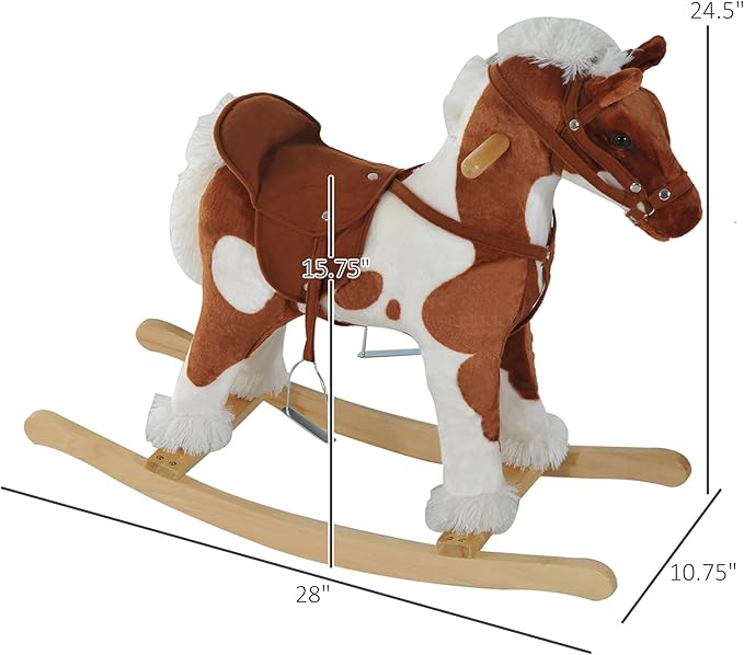 Qaba Wooden Toddler Rocking Horse, Kids Plush Ride on Horse Toy Animal Rocker with Nursery Rhyme Music Brown